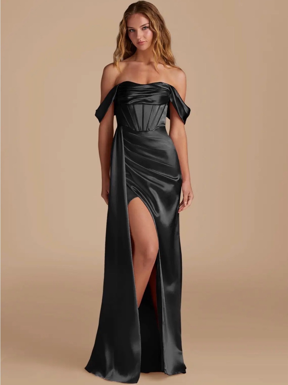 Azazie Amyra Black Metallic Satin Dress Size 10